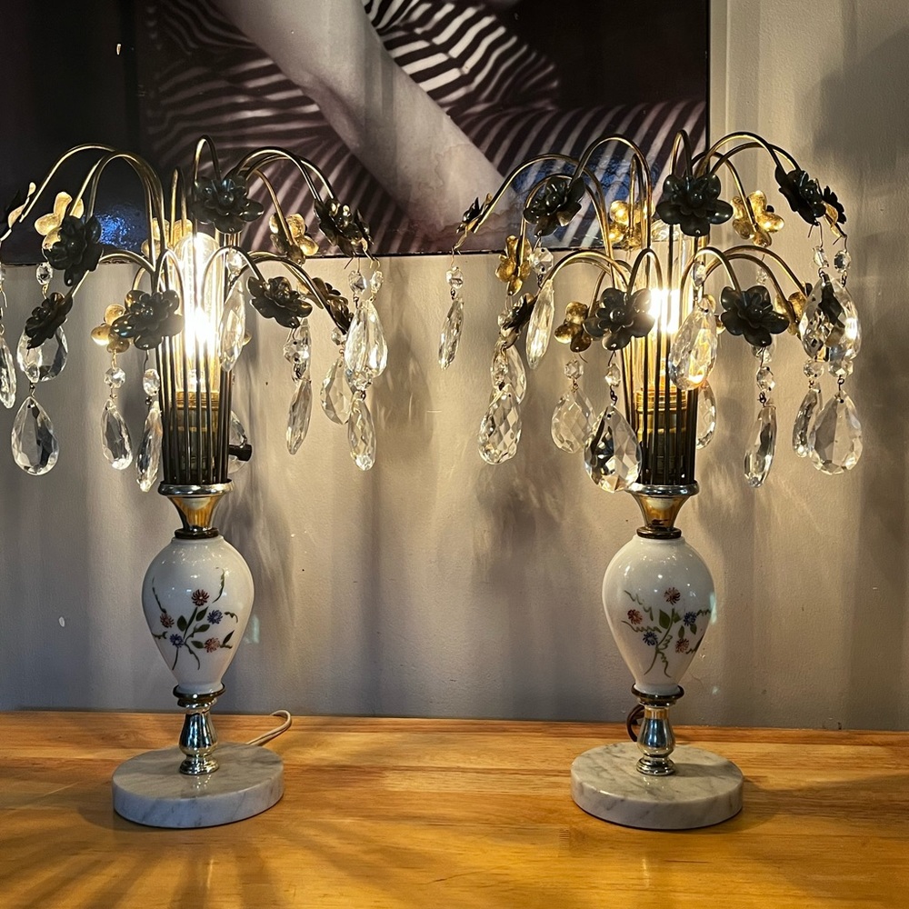 Rare pair of working vintage Czech crystal waterfall lamps from 1950s